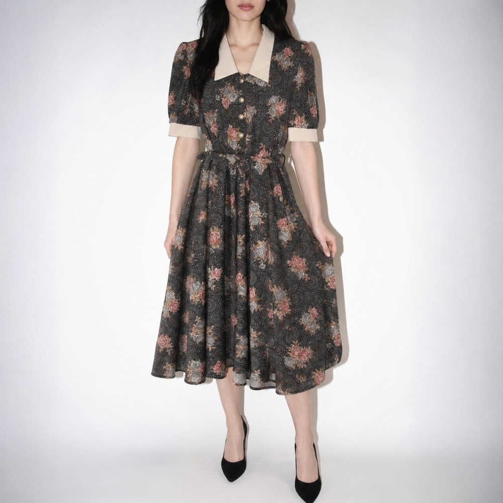 90s Vintage Floral Print Midi Shirt Dress Womens XS Gray Roses Sailor Collar